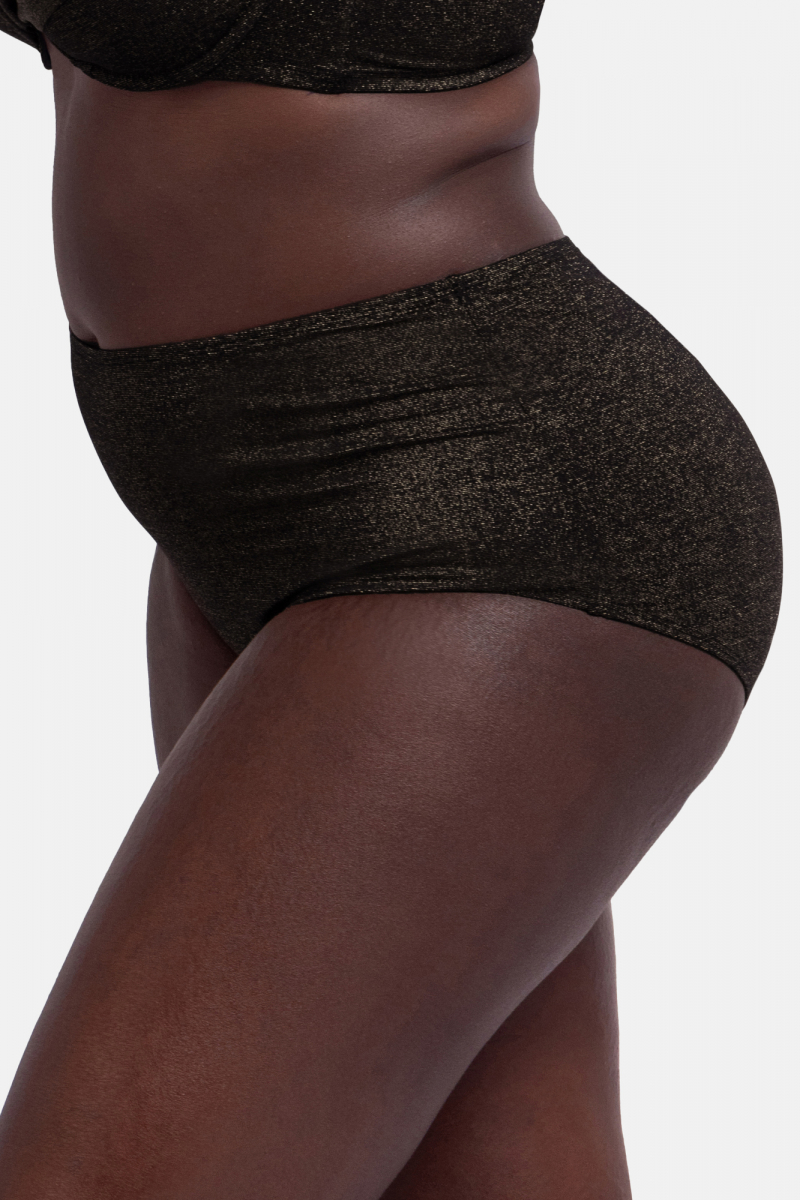 Černé vyšší plavkové kalhotky s třpytivým efektem